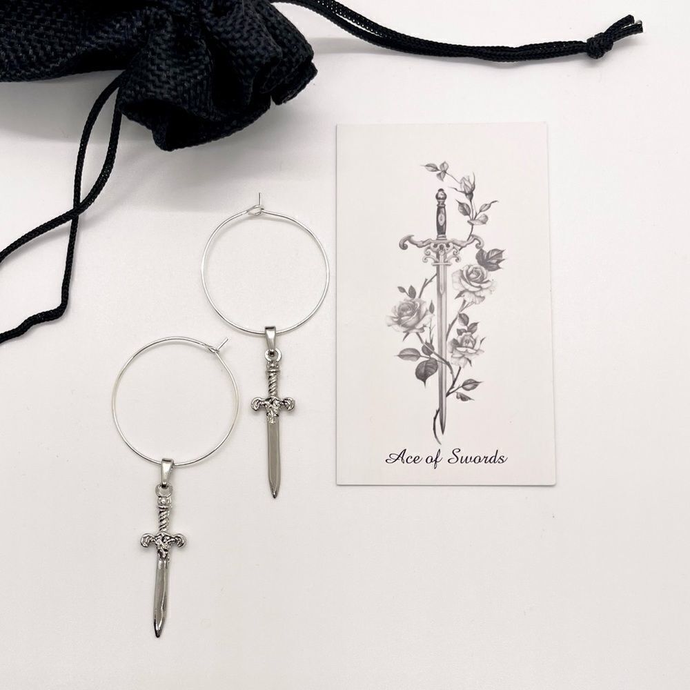 Large (30mm) Sterling Silver Drop Hoop Earrings with Excalibur Swords